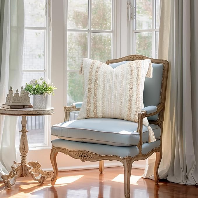 decorUhome Decorative Boho Throw Pillow Cover 20x20, Accent Neutral Textured Tufted Pillow Cover Striped for Couch Bed Sofa, Khaki and Cream White, Pack of 1