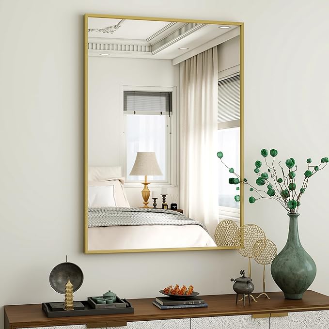 HARRITPURE 24"x36" Framed Bathroom Mirror for Wall Rectangle Mirror Aluminum Alloy Frame Wall-Mounted for Farmhouse Entryway Bedroom Living Room Gold