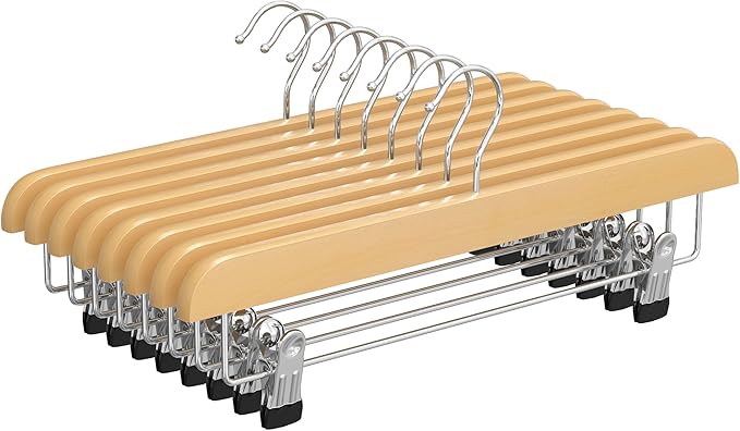 SONGMICS Wooden Pants Hangers 8 Pack, Pants Hangers with Adjustable Anti-Rust Metal Clips, 360° Swivel Hook, Skirt Hangers for Pant, Skirts, Natural Grain UCRW008-8
