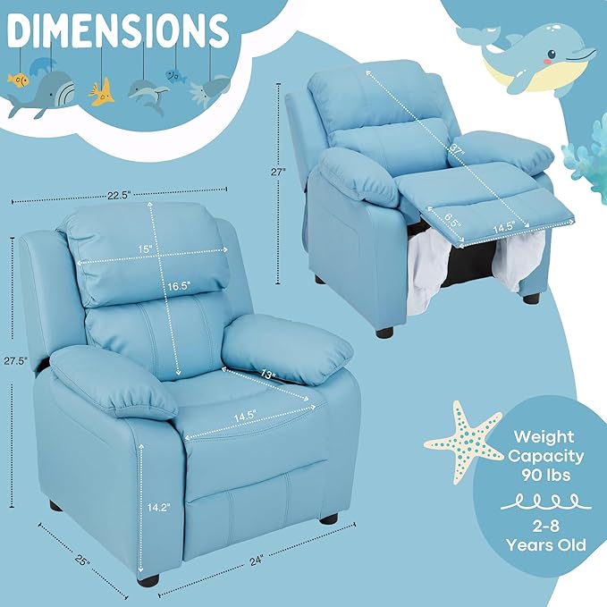 JC Home Macaron Kids Reclining Chair Leather Recliner Sofa Push Back Toddler Youth Children Child Ages 2-8