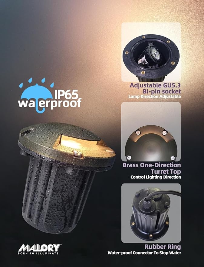 MALORY Brass Top Cover Landscape Well Lights,(5‘’H) 12V Low Voltage Outdoor In Ground Lights,Landscape Lighting for Pathway, Driveway and Garden (One-Direction Turret, 4-Pack Without Bulb)