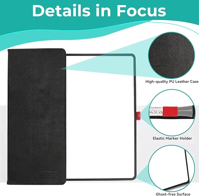 Double-Sided White Board 12x9 inch - Ultra-Thin 0.3" Portable Dry Erase Board with 3 Markers & Anti-Ghosting Surface | Magnetic-Ready | Foldable for Office, School, Travel, Homeschool (Black)