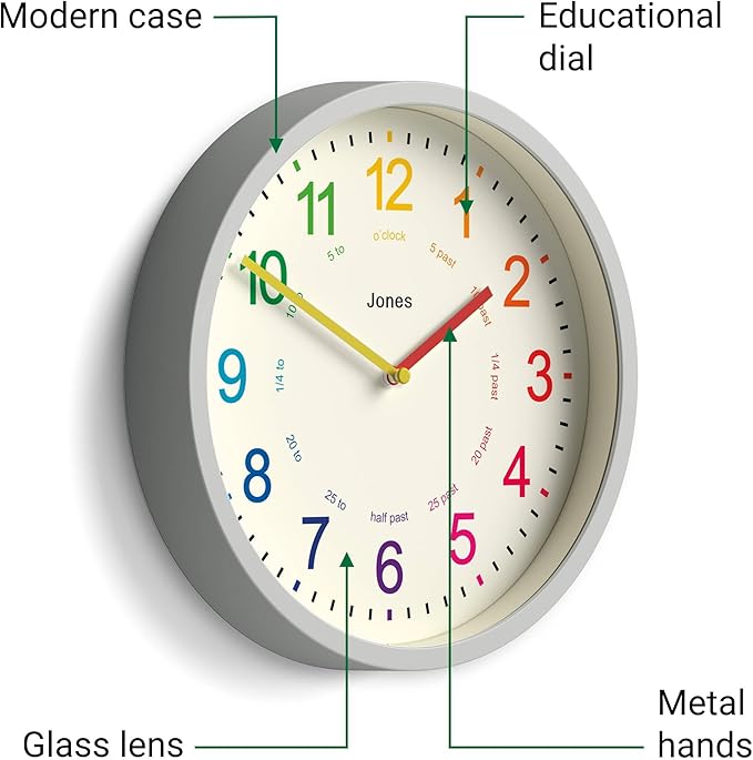 JONES CLOCKS® Kids Wall Clock | Small Modern Children’s Nursery Clock | 25cm | Gray | Colourful dial for Learning to Tell The time