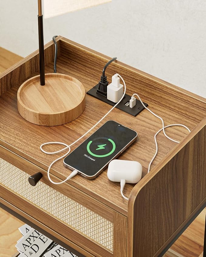 Nightstand with Charging Station,3-Tier Bedside Table for Small Space,Modern Night Stand with Storage Drawer and Shelf,Small Side Table for Bedroom,Living Room,Walnut Brown