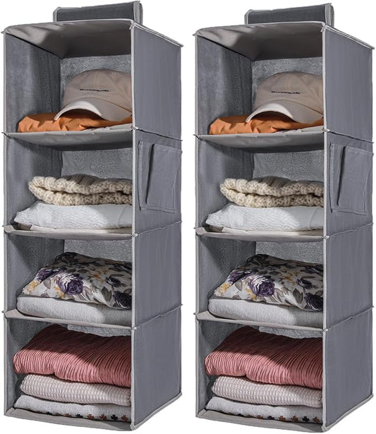 2-Pack Hanging Organizer, 4-Shelf Closet Shelves With Side Pockets, Grey