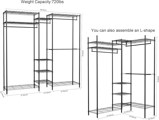 XIOFIO Heavy Duty Wire Garment Rack, Metal Clothing Rack with 4 Hanging Rods and 9 Shelves, Freestanding Open Wardrobe Organizer for Hanging Clothes , 68.5"L x 16.5"W x 76.7"H Max Load 800LBS, Black