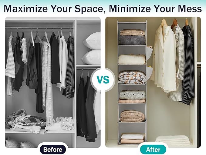 YOUDENOVA Hanging Closet Organizer and Storage, 6-Shelf Closet Hanging Shelves | Sturdy Bamboo Structure Cloth Hanging Storage, Sweater Organizer, 11.8” x 11.8” x 47.2”, Light Grey