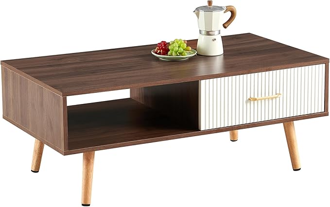 Mid Century Wooden Coffee Table with Stripe Drawer，Modern 41" Large Center Table with Storage，Rectangular Walnut Wood Coffee Tables for Living Room, 2-Tier Cocktail Table, Solid Wood Legs