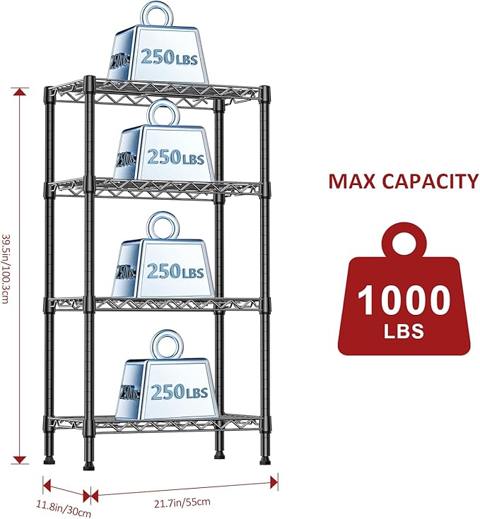 IZEUK 4 Tier Steel Storage Shelves, Heavy Duty Metal Shelf Wire Shelving Rack for Pantry, Kitchen, Living Room, or Office Organization (11.8" D x 21.7" W x 39.5" H, 1000LBS, Black)
