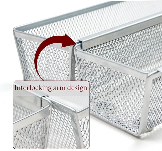 2PCS Drawer Organizer, Mesh Drawer Organizer with Interlocking Arm for Utensil, Cosmetic, Flatware, Pen (9 * 3 * 2 Inches, Grey)