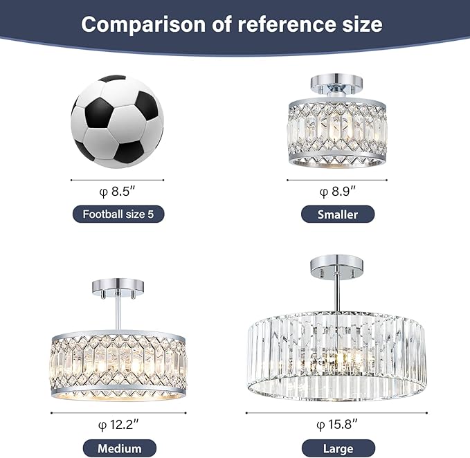 Crystal Chrome Ceiling Light, Modern Semi Flush Mount Ceiling Lighting Fixture, Round Hallway Lighting Fixtures Chandelier for Kitchen Entryway Bedroom Dining Room, 3-Light, 15.7 Inch