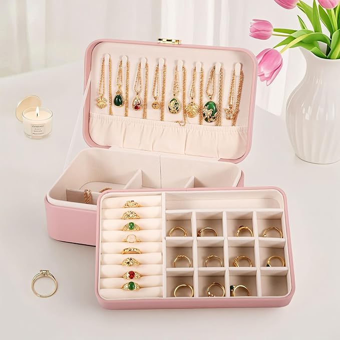 Travel Jewelry Case With Lock, 2-Layer PU Leather Jewelry Box for Women, Ring Box and Jewelry Organizer, Large Jewelry Travel Case,Best Gifts for Women for the Holidays(Pink)