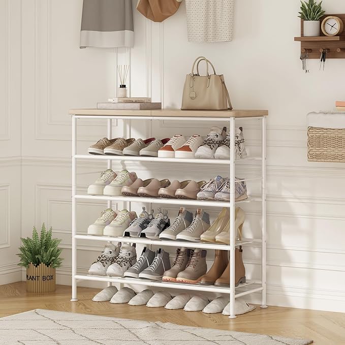 Shoe Rack Organizer 5 Tier for Closet Entryway Free Standing Metal Storage Shoe Shelf with MDF Top Board，White+Oak