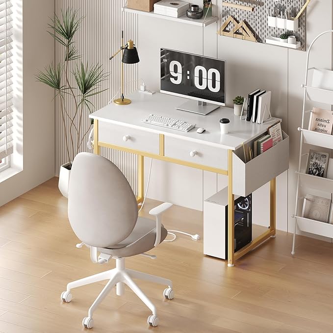 Makeup Vanity Desk No Mirror with Chair for Girls, White Small Vanity Table Set with Fabric Drawers, Power Outlet Without Mirror, Modern Make Up Desk for Bedroom