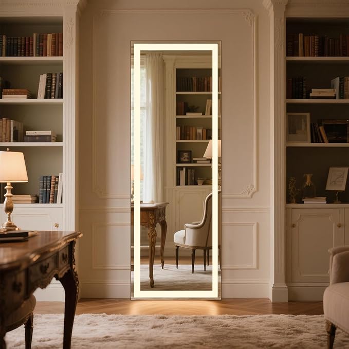 66x22 Frameless Full Length Mirror, Dimmable 3 Color LED Light w/Memory Function, Distortion Free, HD Reflection & Anti Desilvering, Tempered Glass & Shatter Proof Film Doubling Safety