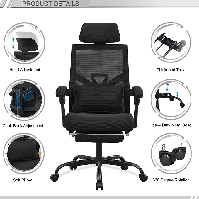 Qulomvs Ergonomic Office Chair with Footrest Home Office Desk Chair with Headrest and Backrest 90-135 Adjustable Mesh Computer Desk Chair with Wheels 360 Swivel Task Chair
