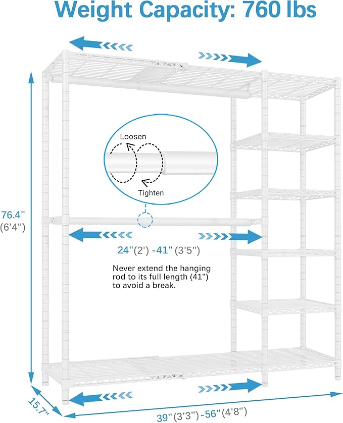 VIPEK X2 Expandable Reach-in Closet Racks Adjustable from 3'3" to 4'8" Portable Open Walk-in Closet Rack System with Flexible Shelves and Hanger Rods Clothing Rack for Hanging Clothes, White