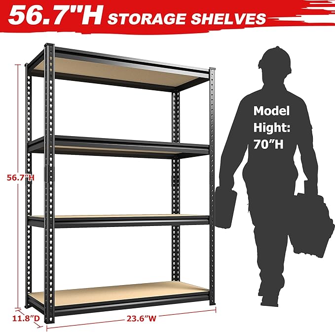 REIBII Storage Shelves Adjustable Metal Shelving 1600LBS Garage Shelves Industrial Metal Shelves 4 T ier Garage Shelving for Warehouse Basement Kitchen Pantry Closet, 11.8" D x 23.6" W x 56.7" H