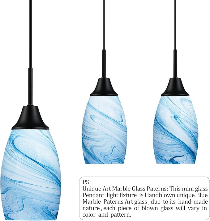 Mini Glass Pendant Light 4.72" with Handblown Blue Marble Art Glass Hanging Light 3-Pack Oval Ceiling Hanging Light Fixture for Dining Room Kitchen Island Cafe Foyer Hallway