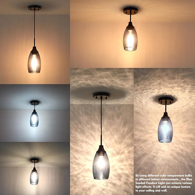 Mini Glass Pendant Light,4.72" Dark Blue Glass Hanging Light 3-Pack Handblown Clear Blue Seeded Shade Adjustable Cord Ceiling Light Fixture for Kitchen Island Sink