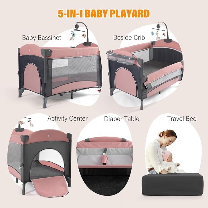 5 in 1 Baby Crib,Baby Bassinet, Bedside Cribs, Pack and Play with Changing Table, Portable Travel bedToys & Music Box,Mattress for Girl Boy Infant Newborn (Pink)