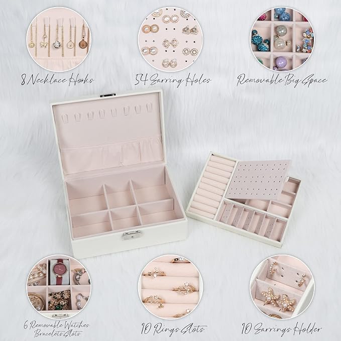 Jewelry Box for Women Girls, 2 Layers Jewelry Organizer Container with Lock, PU Leather Storage Case with Removable Tray, Jewelry Display Box for Necklaces Earrings Bracelets Rings Watches - White