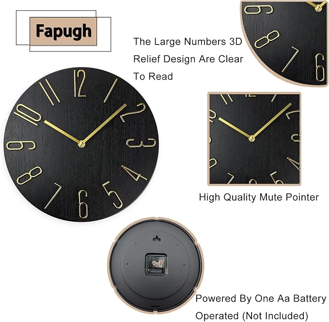 Faupugh 12 inch Wall Clock, Silent Wall Clock, Wall Clocks Battery Operated， Suitable for Home, Office, School, Kitchen, Bedroom, Living Room (Without Second Hand)