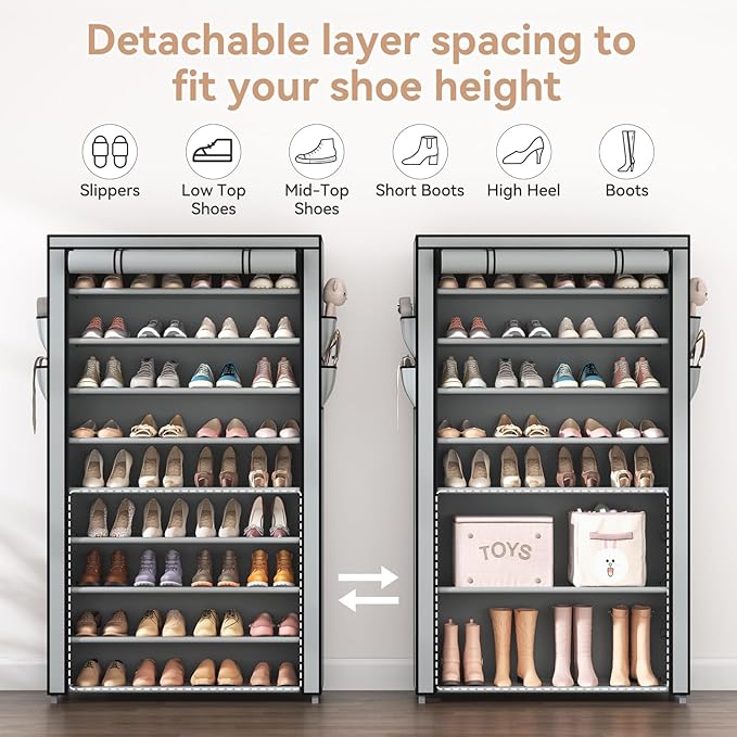 Shoe Rack with Covers 10 Tier Tall Shoe Rack Organizer Large Capacity Shoe Shelf Storage 40 Pairs Space Saving Free Standing Shoe Storage Organizer for Closet, Entryway, Dorm, Grey