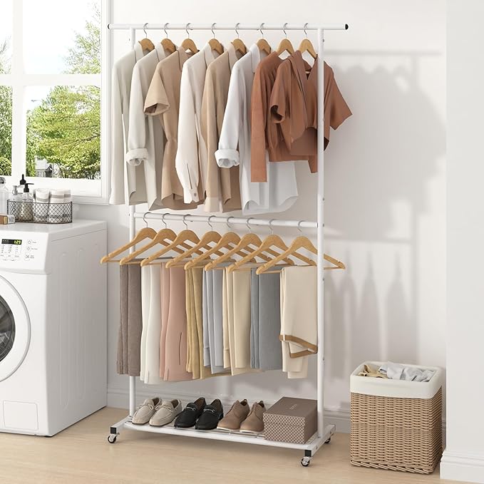 Sywhitta Double Rod Clothing Garment Rack, Rolling Coat Hanger with Bottom Mesh, Clothing Rack for Hanging Clothes, Coats, Skirts, Sweaters, White