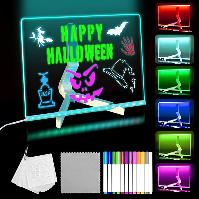 LED Acrylic Message Board, Light Up Acrylic Dry Erase Board with 7-Color Light, LED Note Board with Colors for Kids, Glow Memo Message Writing Board with Light, Drawing Stencils Set Included