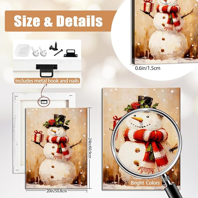 Rustic Snowman with Gift Box Christmas Canvas Wall Art - Humorous Winter Scene Framed Print for Bathroom & Bedroom Decor, Cozy Farmhouse Christmas Wall Art, Unique Christmas Gift & Festive Decoration