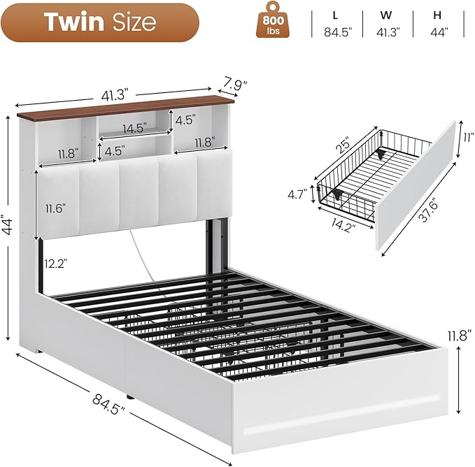 AOGLLATI Twin Bed Frame with 4 Storage Drawers & Charging Station & LED Lights, Twin Bed Frames with Stylish Bookcase Headboard, Led Bed Frame with Metal Slats, No Box Spring Needed,White
