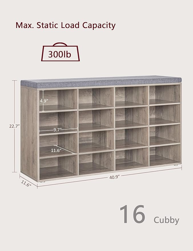 DINZI LVJ Shoe Storage Bench with Cushion, 16-Cubby Shoe Rack, Adjustable Shelves, Multifunctional Shoe Organizer Bench for Entryway, Mudroom, Hallway, Living Room, Bedroom and Garage, Greige