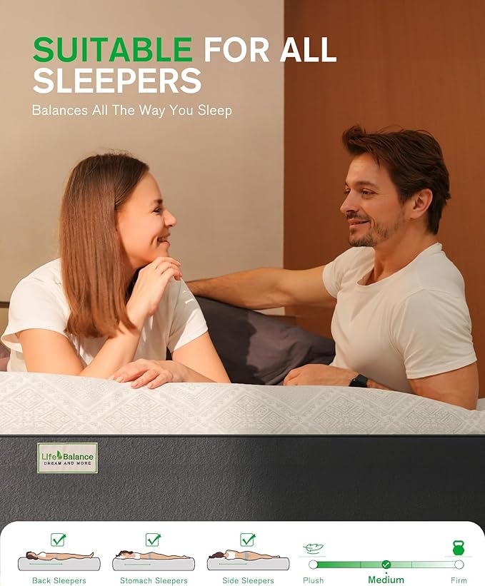 Life Balance Queen Size Mattress, 10 Inch Cooling-Gel Memory Foam Mattress Made in USA, CertiPUR-US Certified Mattresses in a Box, Medium Firm, Pressure Relief, Motion Isolation, CY-10-Q-V