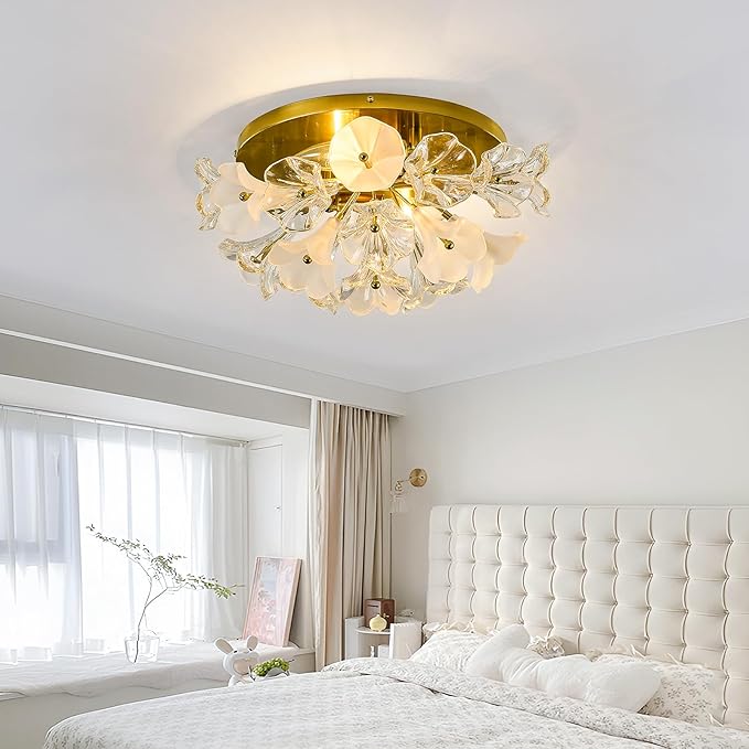 2-Light Modern Glass Flush Mount Ceiling Light Fixture Vintage Gold Chandelier Metal E12 Ceiling Lamp for Farmhouse Hallway Bedroom Kitchen Living Room Closet