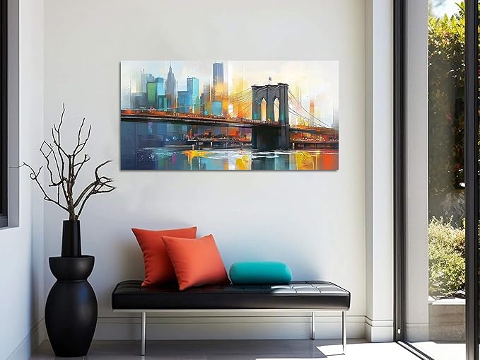 Arjun Cityscape Wall Art New York City Canvas Painting Brooklyn Bridge Manhattan Modern Blue Picture Grey Artwork Framed for Living Room Bedroom Dinning Room Bathroom Home Office Wall Decor 40"x20"