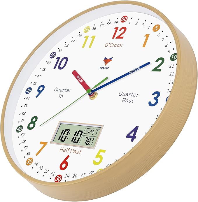 Foxtop Digital and Analog Learning Clock for Kids - Telling Time Teaching Clock 12 Inch Silent Non-Ticking Battery Operated Kids Wall Clock for Playroom Nursery Classroom School
