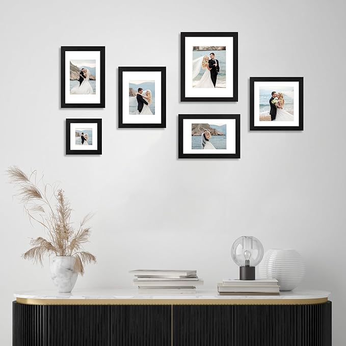 8x8 Picture Frames Set of 4 with High Definition Real Glass, Black Frames Display 6x6 Picture with Mat or 8x8 Without Mat, Wood Square 8 x 8 Photo Frame for Wall Mount and Tabletop Display