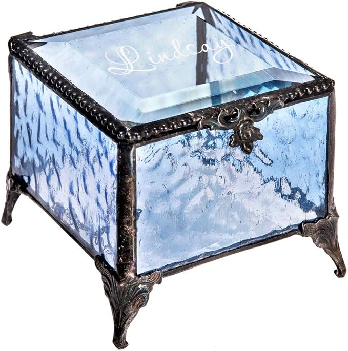 Personalized Blue Glass Box Decorative Vanity Display Case Storage Jewelry Organizer Keepsake Gift for Her Girl Women Vintage Decor J Devlin Ellen Box 837 EB245