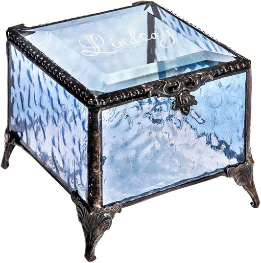 Personalized Blue Glass Box Decorative Vanity Display Case Storage Jewelry Organizer Keepsake Gift for Her Girl Women Vintage Decor J Devlin Ellen Box 837 EB245