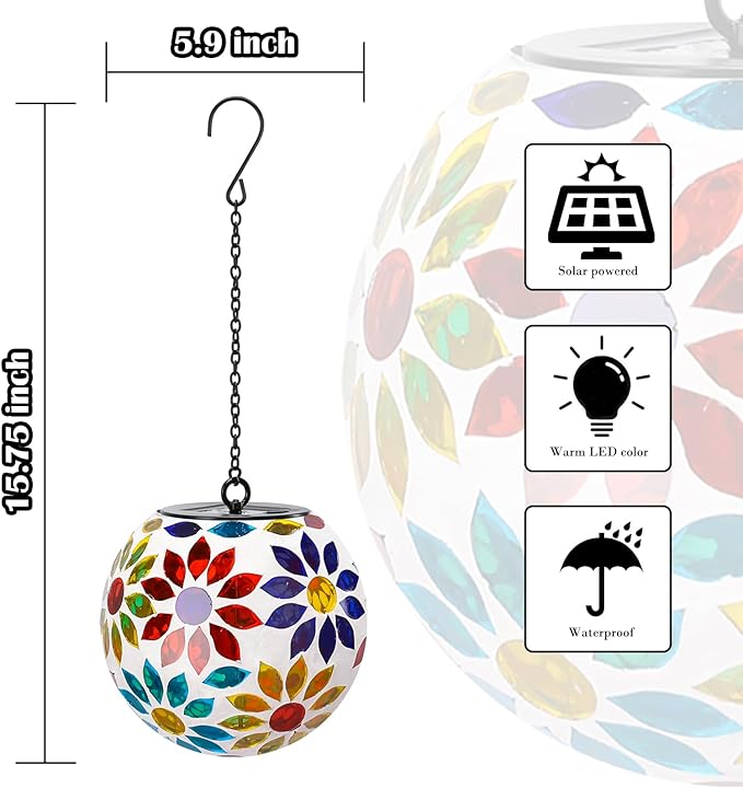 Solar Hanging Lantern Solar Outdoor Lanterns Mosaic Flower Outdoor Hanging Lights Outdoor Lights Waterproof Garden, Patio, Pathway & Yard Décor (Multi)