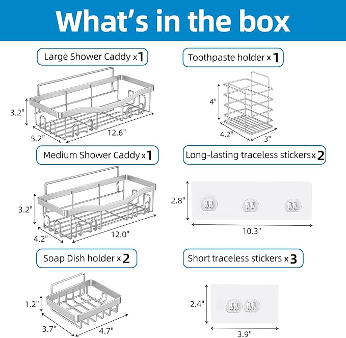 Adhesive Shower Caddy, No Drilling Bath Organizers 5 Pack, Rustproof Shelves with Soap Holder & Toothbrush Holder, Bathroom Organizers and Storage, Silver