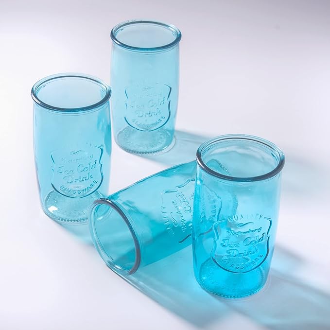 Glaver's Highball Glasses Set of 4 – 20oz Artistic Ice-Cold Pretty Blue – Vintage Glassware with Embossed Logo – Beverage Drinking Glasses for Water, Juice, Cocktails. Hand Wash.