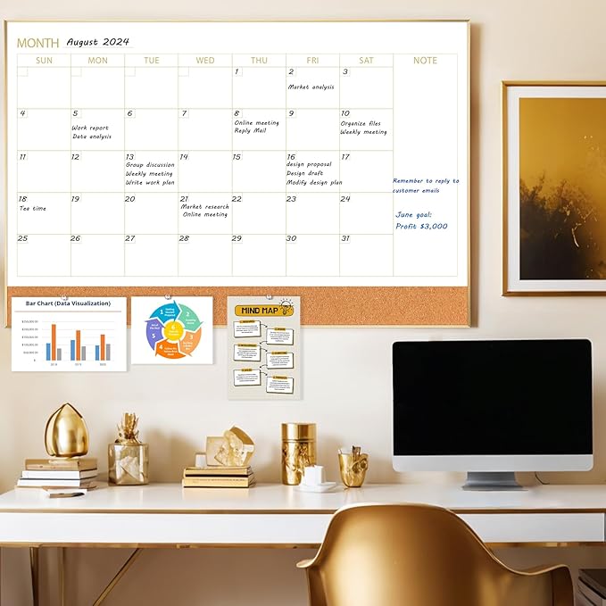 ARCOBIS Dry Erase Calendar Whiteboard Cork Board Combo, 36"x24" Magnetic White Board Calendar Dry Erase for Wall, Gold Frame Monthly Combination Board for Office, Home, School
