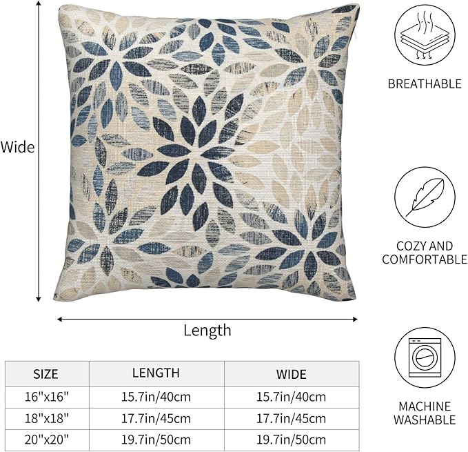 Dahlia Pillow Covers 16x16 Inch Set of 2 Summer Rust Geometric Flower Outdoor Decorative Throw Pillows Farmhouse Navy Blue Pillow Case Linen Square Cushion Cover for Home Sofa Bedroom Living Room
