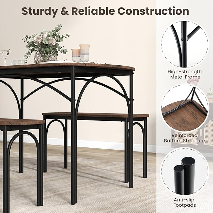 GOFLAME 3-Piece Dining Table Set for 4, Wooden Kitchen Table and 2 Benches Set with Metal Frame, Space-Saving Dinette Set for Living Room, Dining Room, Breakfast Nook, Small Space