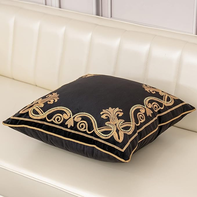 Aeckself European Floral Pillow Cover 20x20 Inch, Luxury Velvet Embroidered Decorative Throw Pillow Cover for Couch Bedroom Living Room, Black and Gold