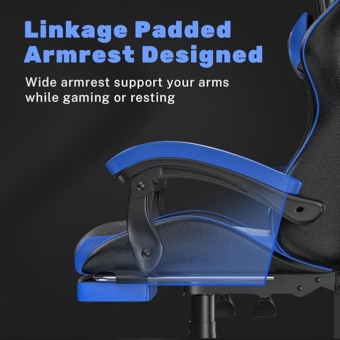 Gaming Chair with Footrest, High Back Ergonomic Computer Gamer Chair with Headrest and Lumbar Support, Racing Style Reclining Game Chair for Adults, Kids (Blue-Black)