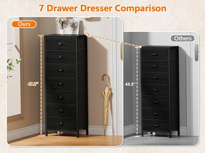 Furnulem Bedroom Dresser, Tall Chests of Drawers with 7 Fabric Bins, Black Organizer in Closet, Dorm, Living Room, Nursery, Hallyway-Storage Tower Unit, Sturdy Steel Frame