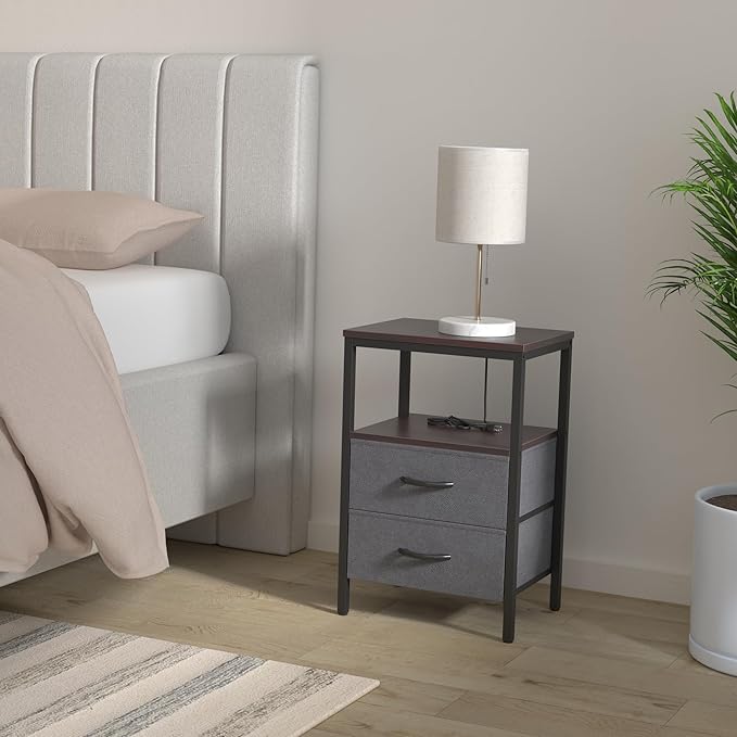 Huuger Nightstand with Charging Station, Fabric Drawers, End Table with Open Shelf, Bedside Table with USB Ports and Outlets, Night Stand for Bedroom, Walnut